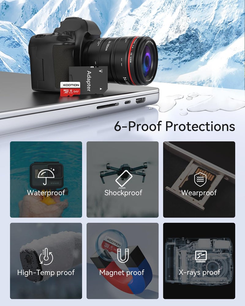 Kootion بطاقة micro SD بسعة 64 جيجابايت من KOOTION - عبوة من 2، بطاقة ذاكرة micro SDXC من الفئة 10، بطاقات micro SD من نوع UHS-I، C10، U1، بطاقة فلاش TF عالية السرعة مع محول - Image 4